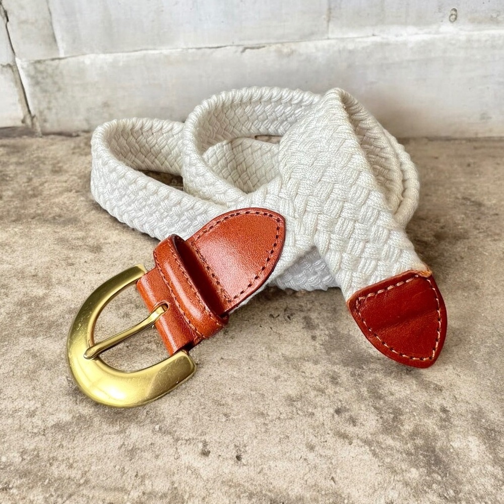 Talbots Women's Braided Woven Stretch Belt Cream White Leather Trim Solid Brass